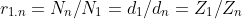 r_{1.n}=N_{n}/N_{1}=d_{1}/d_{n}=Z_{1}/Z_{n}