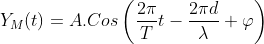 Y_{M}(t) = A.Cos\left ( \frac{2\pi }{T}t - \frac{2\pi d}{\lambda }+\varphi \right )