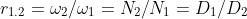 r_{1.2}=\omega_{2}/\omega _{1}=N_{2}/N_{1}=D_{1}/D_{2}