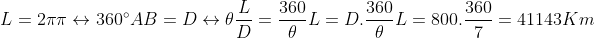 L=2\pi\pi \leftrightarrow 360^\circ \\\\ AB=D\leftrightarrow \theta \\\\ \frac{L}{D}=\frac{360}{\theta }\\\\ L=D.\frac{360}{\theta }\\\\ L=800.\frac{360}{7}=41143Km