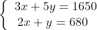 \left\{\begin{matrix} \, \, \, 3x+5y = 1650 & & \\ 2x + y = 680 & & \end{matrix}\right.