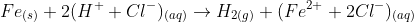 Fe_{(s)}+2(H^++Cl^-)_{(aq)}\rightarrow H_2_{(g)}+(Fe^{2+}+2Cl^-)_{(aq)}