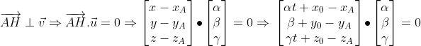 \overrightarrow{AH }\perp \vec v\Rightarrow \overrightarrow{AH}.\vec u=0\Rightarrow \begin{bmatrix} x-x_A\\ y-y_A\\ z-z_A \end{bmatrix}\bullet \begin{bmatrix} \alpha \\ \beta \\ \gamma \end{bmatrix}=0\Rightarrow \\\\ \begin{bmatrix} \alpha t +x_0-x_A\\ \beta +y_0-y_A\\ \gamma t+z_0-z_A \end{bmatrix}\bullet \begin{bmatrix} \alpha \\ \beta \\ \gamma \end{bmatrix} =0