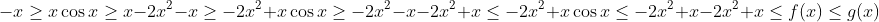 -x\geq x\cos x \geq x\\\\ -2x^2-x\geq -2x^2+x\cos x \geq -2x^2-x\\\\ -2x^2+x\leq -2x^2+x\cos x \leq -2x^2+x\\\\ -2x^2+x\leq f(x) \leq g(x)