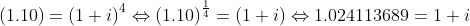 \left (1.10 \right ) = \left (1+i \right )^{4}\Leftrightarrow \left (1.10 \right )^{\frac{1}{4}} = \left (1+i \right )\Leftrightarrow 1.024113689 = 1+i