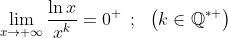 \lim_{x\rightarrow +\infty }\frac{\ln x}{x^{k}}=0^{+ }\: \: ;\: \: \: \left ( k\in \mathbb{Q} ^{\ast +} \right )