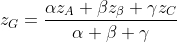 z_G=\frac{\alpha z_A+\beta z_\beta +\gamma z_C}{\alpha +\beta +\gamma}