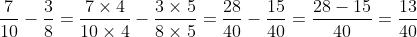 \frac{7}{10}-\frac{3}{8}=\frac{7\times 4}{10\times 4}-\frac{3\times 5}{8\times 5}=\frac{28}{40}-\frac{15}{40}=\frac{28-15}{40}=\frac{13}{40}
